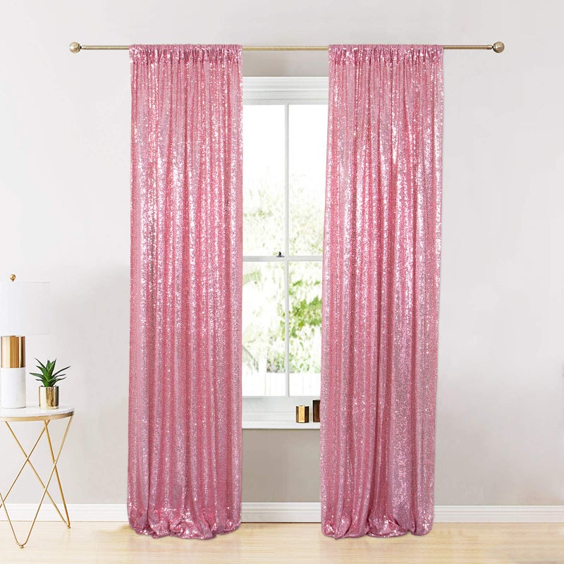 ShinyBeauty Sparkle Backdrop Curtain Fuchsia Pink 2 Panels Set Sequin Photo Backdrop 2FTx8FT Sequin Backdrop Curtain Pack of 2 - Image 1